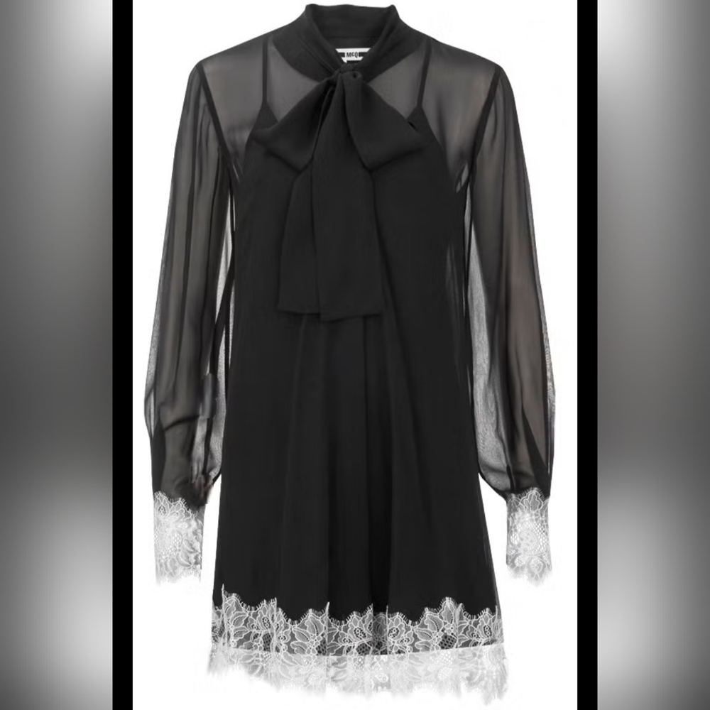 McQ Elegant Black Silk Dress with Elegant White Lace Trims